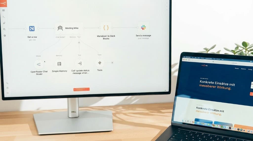 KI-Workflow am Monitor mit Notion, OpenRouter und Slack, daneben Laptop mit Website